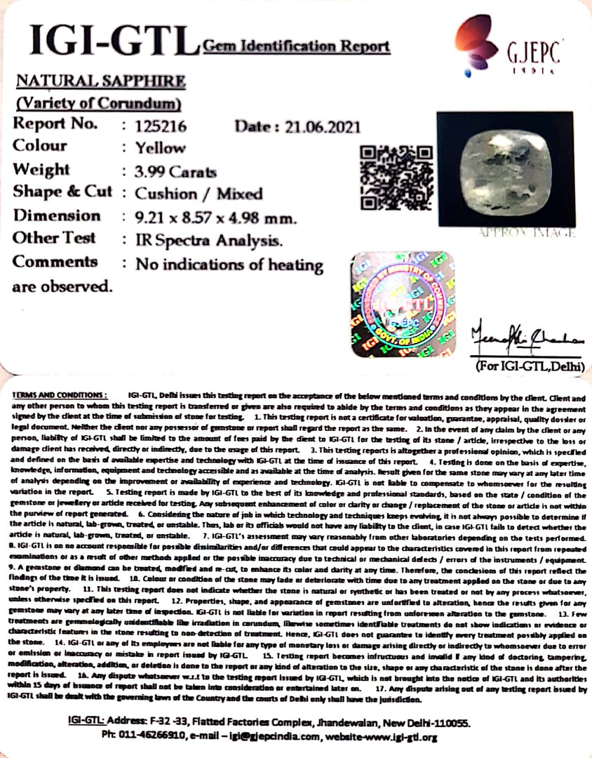 4.42 Ratti Natural Ceylonese Yellow Sapphire with Govt Lab Certificate-(6771)