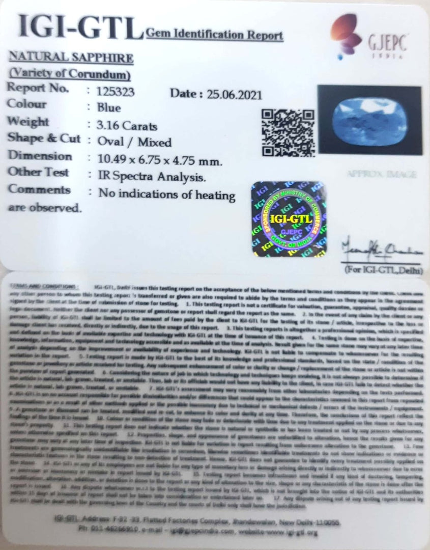 3.16/CT Natural Ceylonese Neelam with Govt Lab Certificate-BLUSA9S