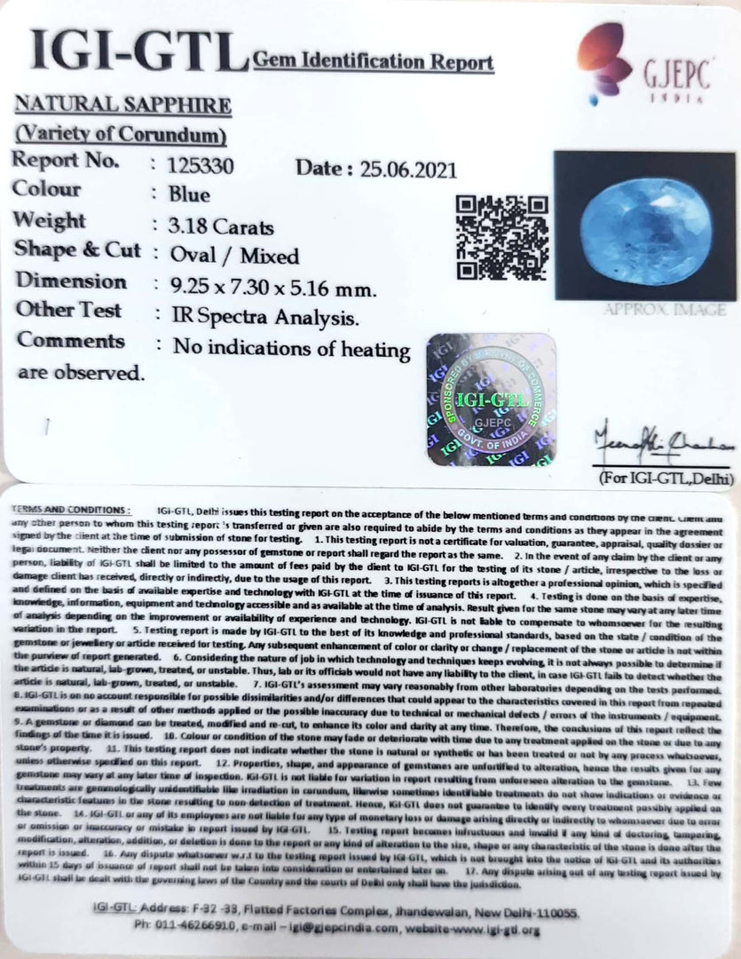 3.18/CT Natural Ceylonese Neelam with Govt Lab Certificate-BLUSA9S
