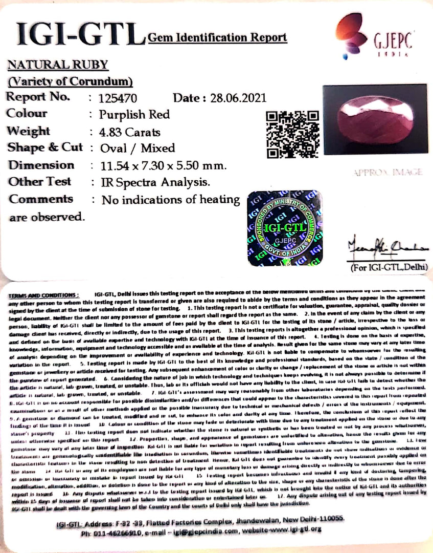 4.47 Ratti Natural New Burma Ruby with Govt. Lab Certificate-(4551)