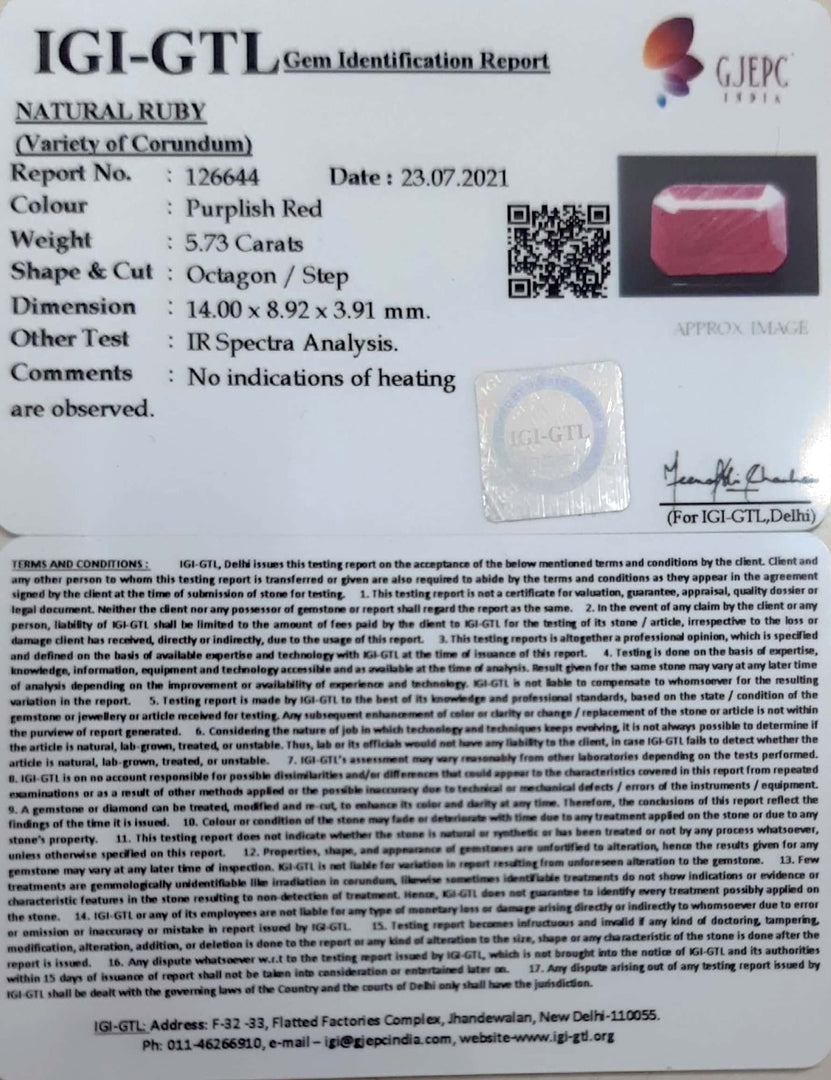 6.36 Ratti Natural new burma Ruby with Govt. Lab Certificate-(2331)