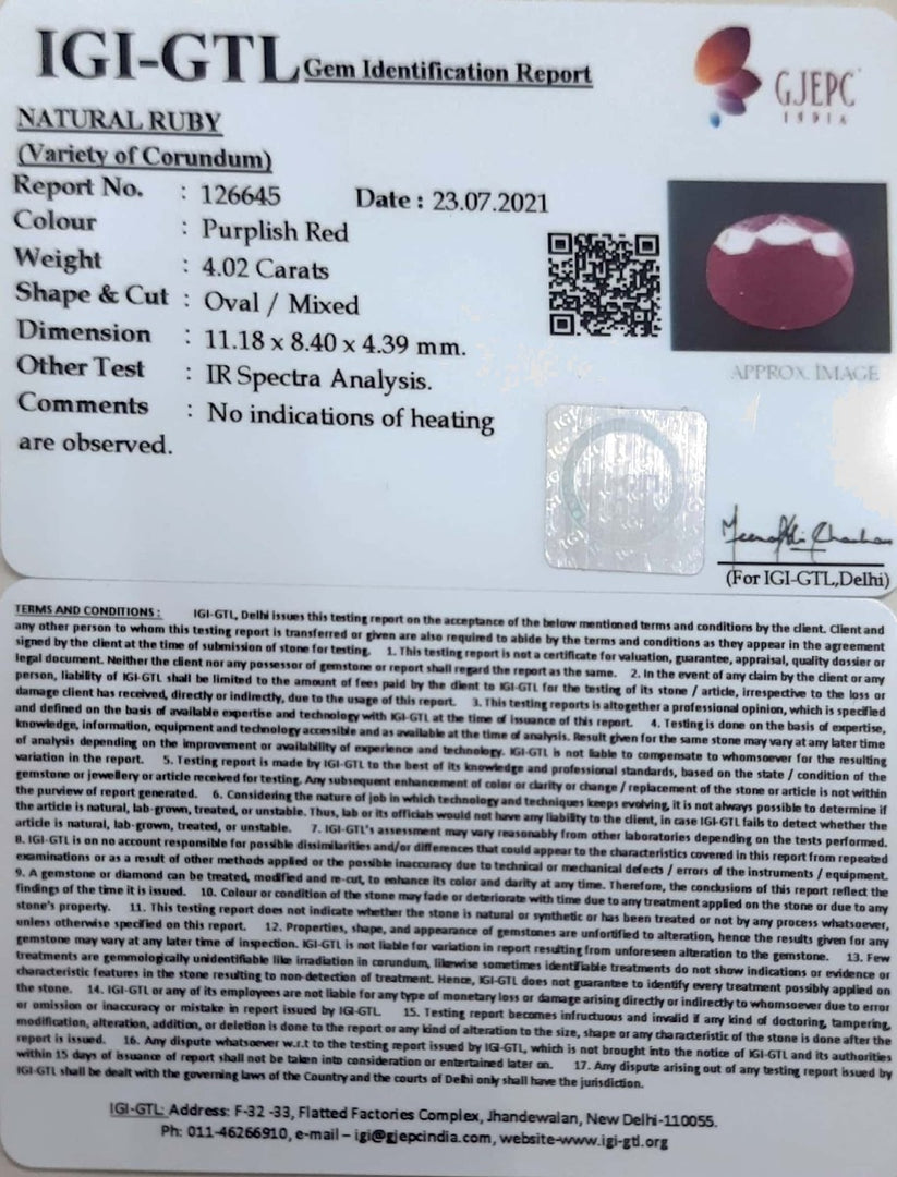 4.46 Ratti Natural Neo Burma Ruby with Govt. Lab Certificate-(4551)