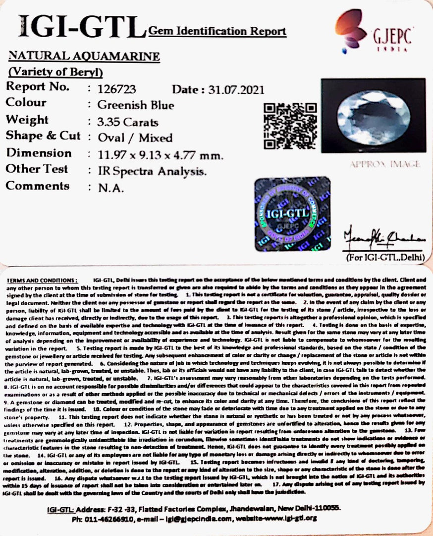 3.35/CT Natural Aquamarine with Govt Lab Certificate-2331