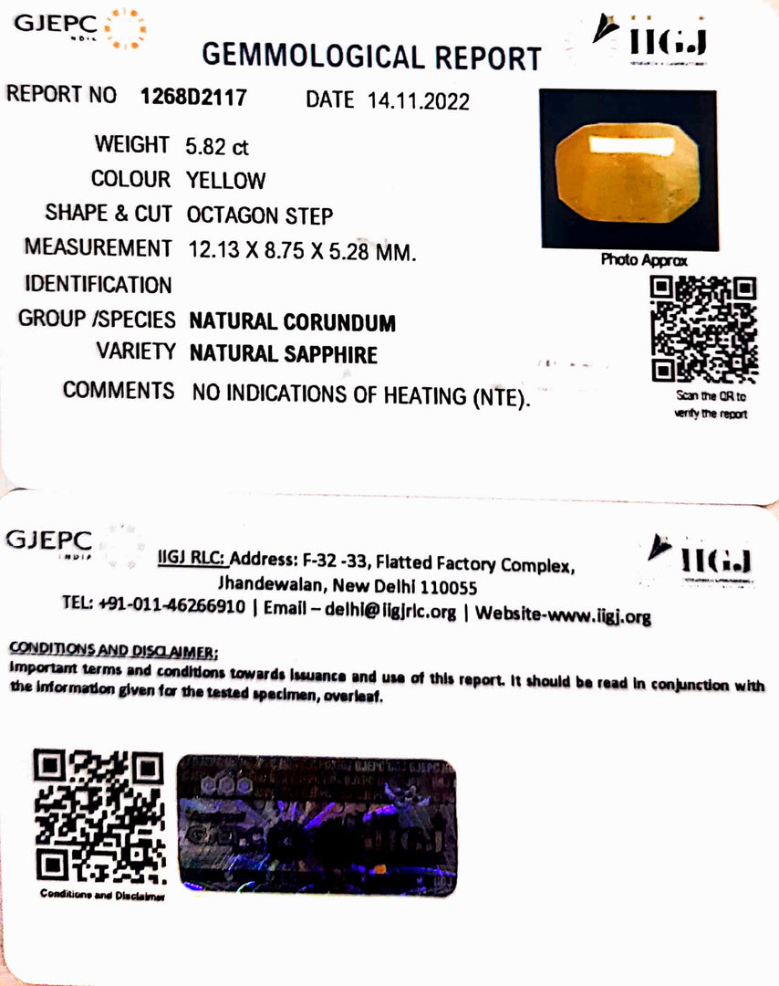 5.82/CT Natural Yellow Sapphire With Govt Lab Certificate