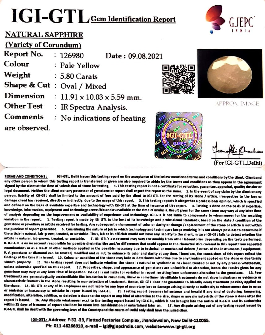 5.80/CT Natural Yellow Sapphire with Govt Lab Certificate-(1221)