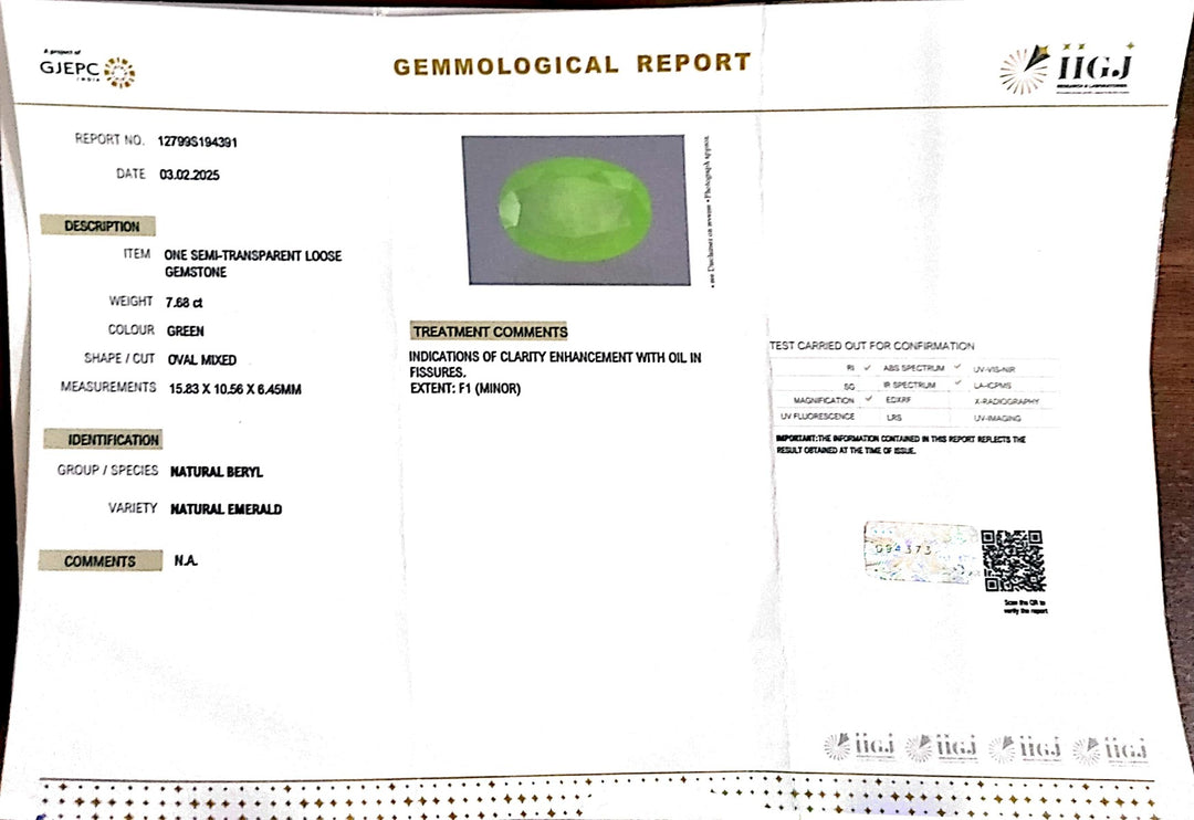 7.68/CT Natural Panna Stone with Govt. Lab Certificate-12210