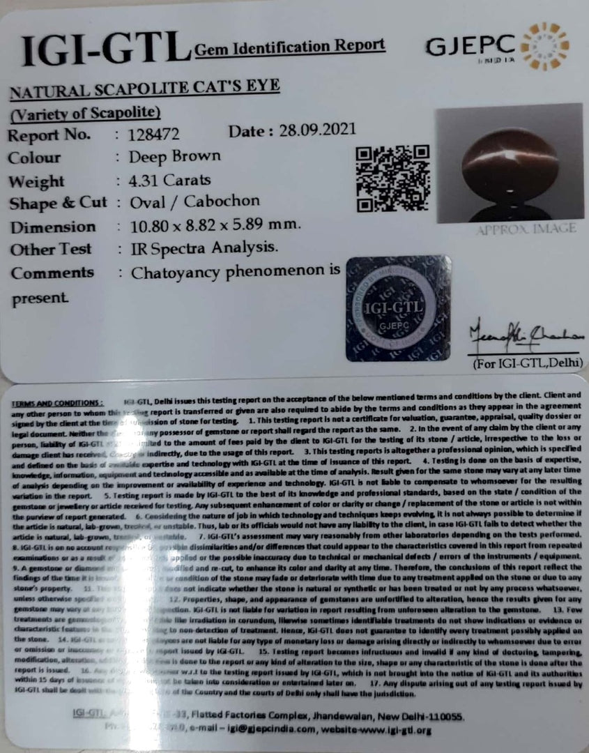 4.31/CT Natural Scapolite Cat's Eye with Govt. Lab Certified-(1221)