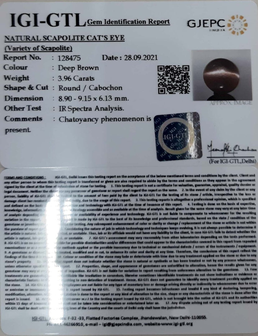 3.96/CT Natural Scapolite Cat's Eye with Govt. Lab Certified-(1221)