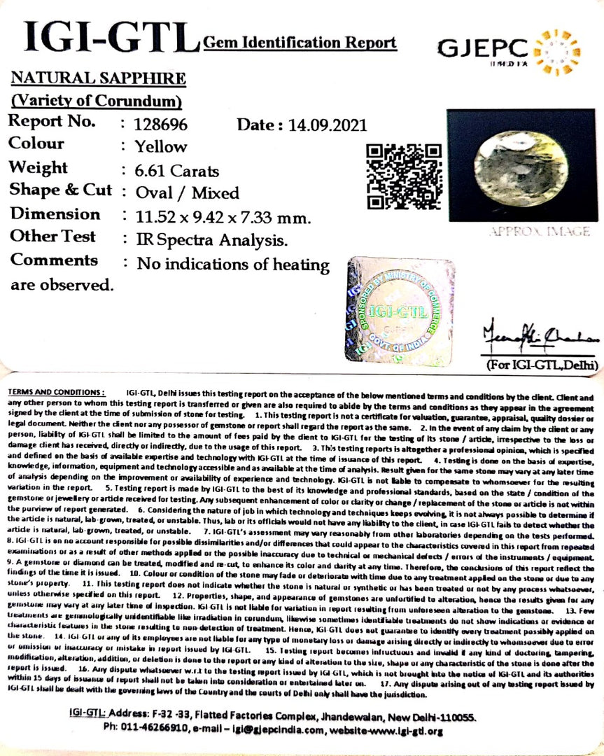 6.61/CT Natural yellow sapphire with Govt Lab Certificate-YELSA9V