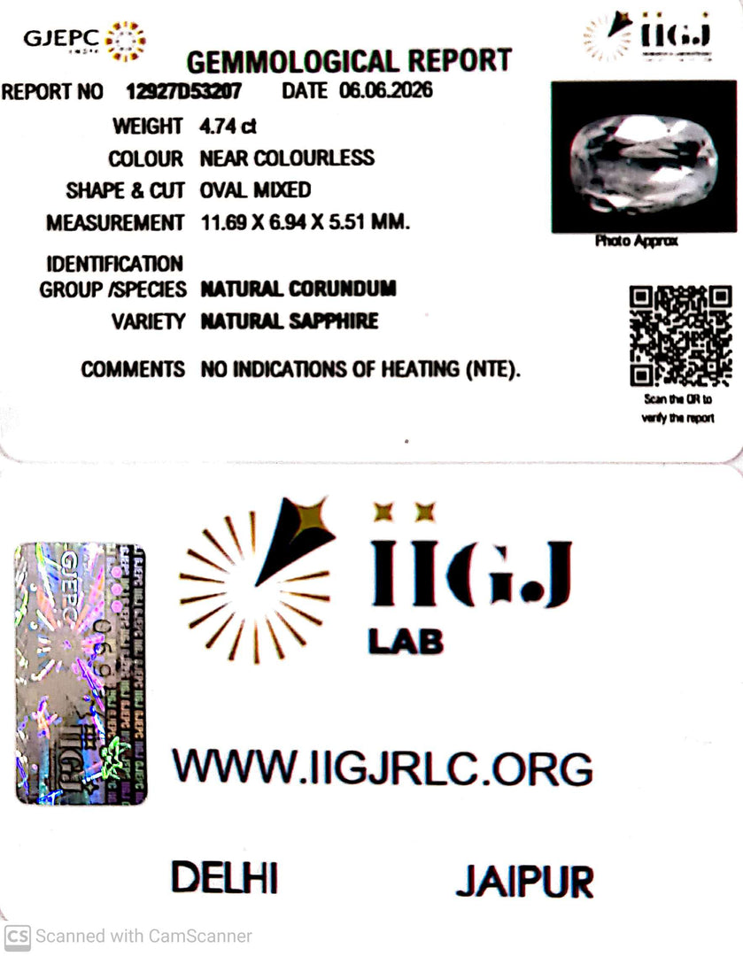 4.74/CT Natural White Sapphire with Govt Lab Certificate-12927D53207