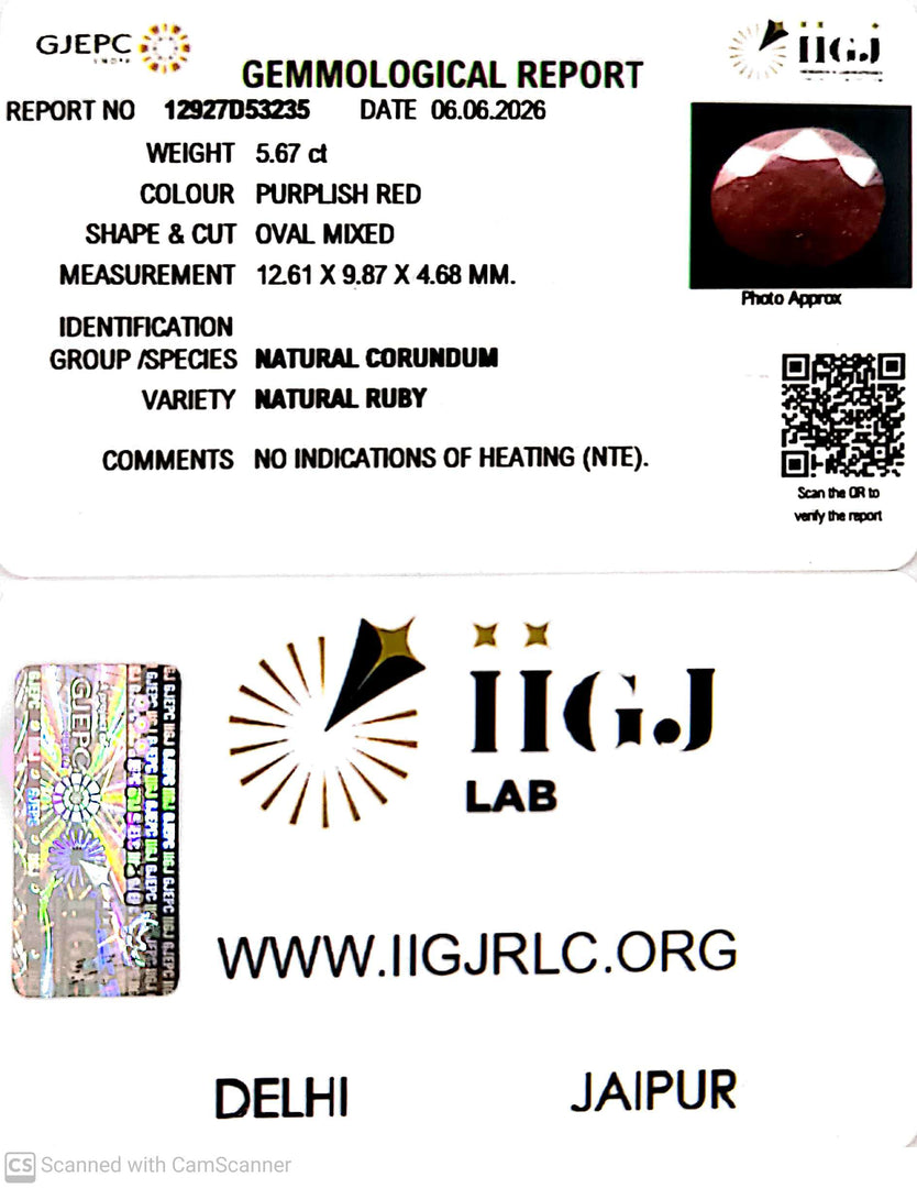 5.67/CT Natural Ruby Stone with Govt. Lab Certificate-12927D53235