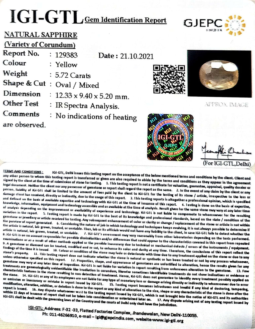 5.72/CT Natural Yellow Sapphire With Govt Lab Certificate