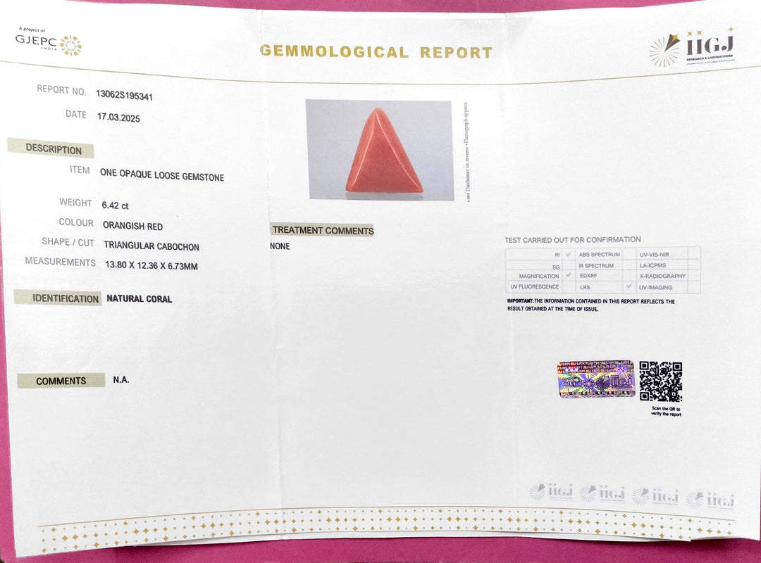 6.42/CT Natural Red Coral With Govt. Lab Certificate