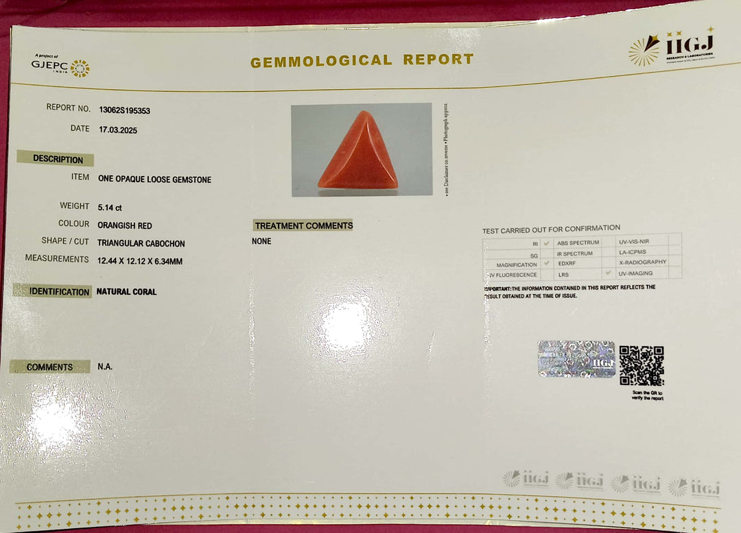 5.14/CT Natural Red Coral With Govt. Lab Certificate
