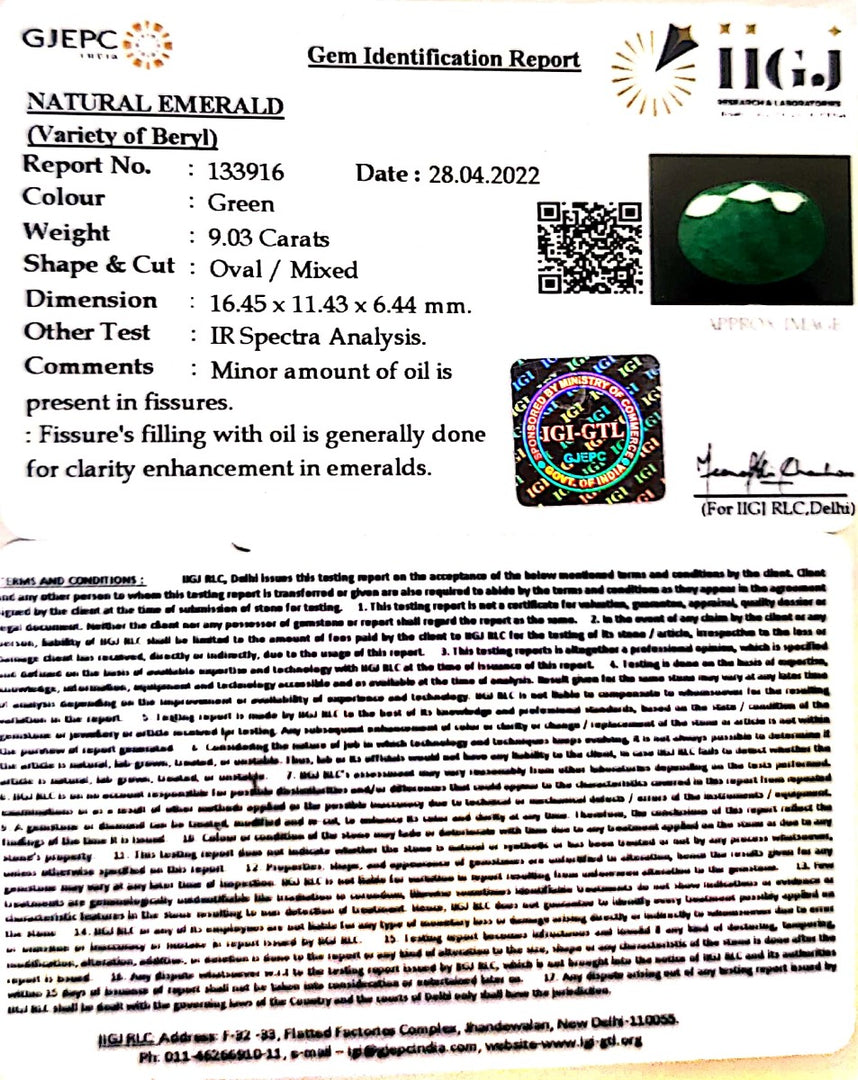 9.03/CT Natural Panna Stone with Govt. Lab Certified (4551)