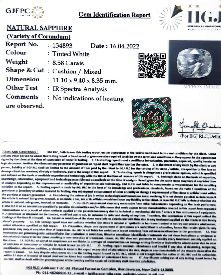 8.58/CT Natural White Sapphire with Govt Lab Certificate