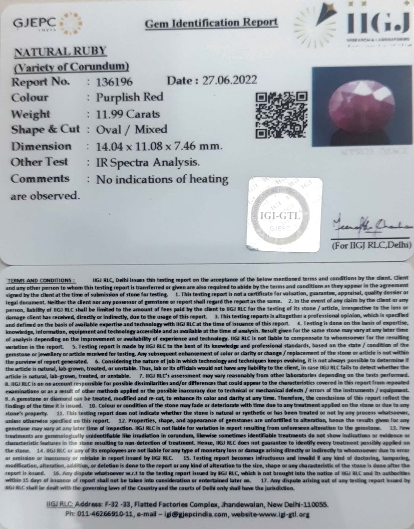 11.99/CT Natural Indian Ruby with Govt. Lab Certificate-2331