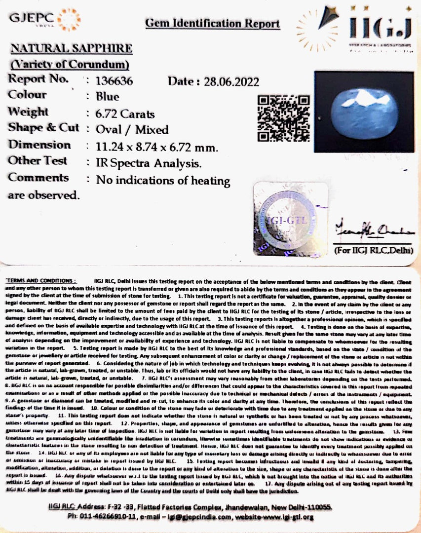 7.45 Ratti Natural Blue Sapphire With Govt Lab Certified-(6771)