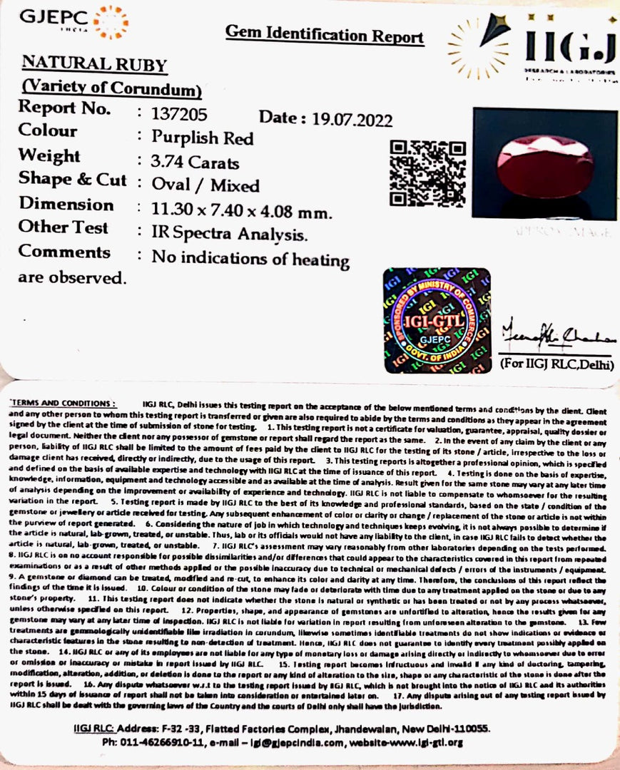 3.74/CT Natural Mozambique Ruby with Govt. Lab Certificate-(12210)