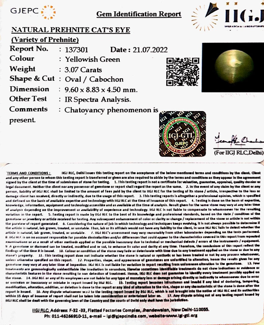 3.07/CT Natural Prehnite cats eye with Govt. Lab certified-(1221)