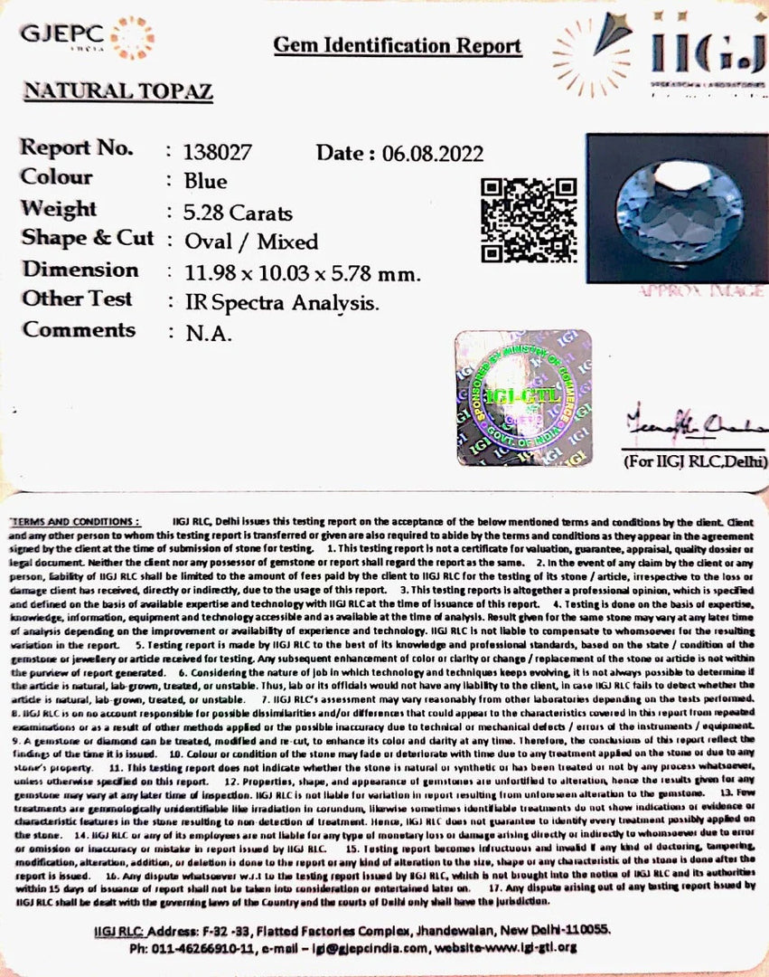 5.28/CT Natural Blue Topaz Stone with Govt Lab Certificate-138027