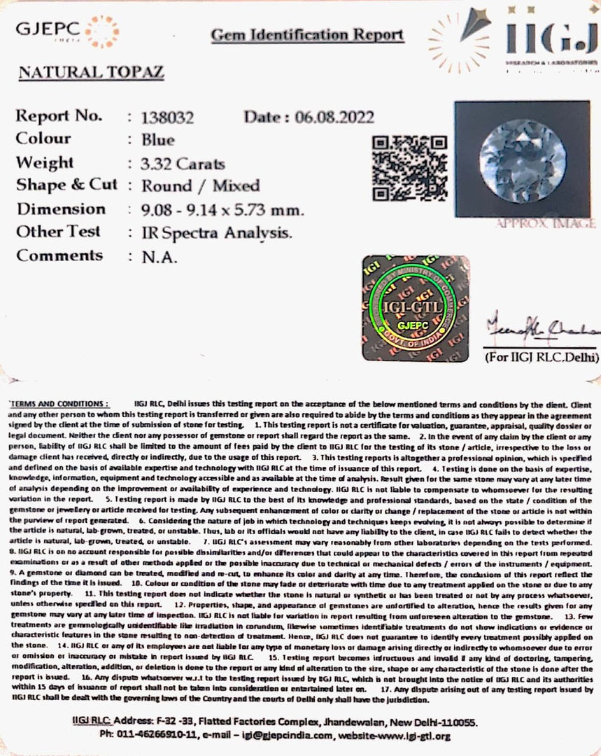 3.68 Ratti Blue Topaz with Govt Lab Certificate-(1665)