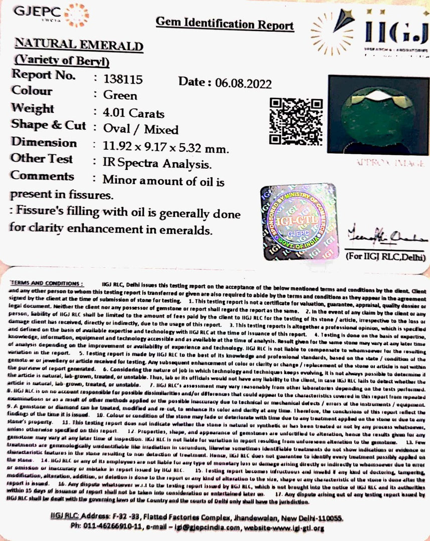 4.01/CT Natural Panna Stone with Govt. Lab Certified (6771)