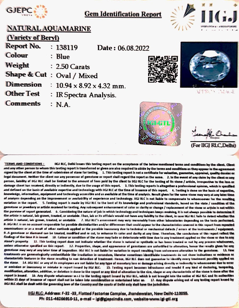 2.50/CT Natural Aquamarine with Govt Lab Certificate-5661