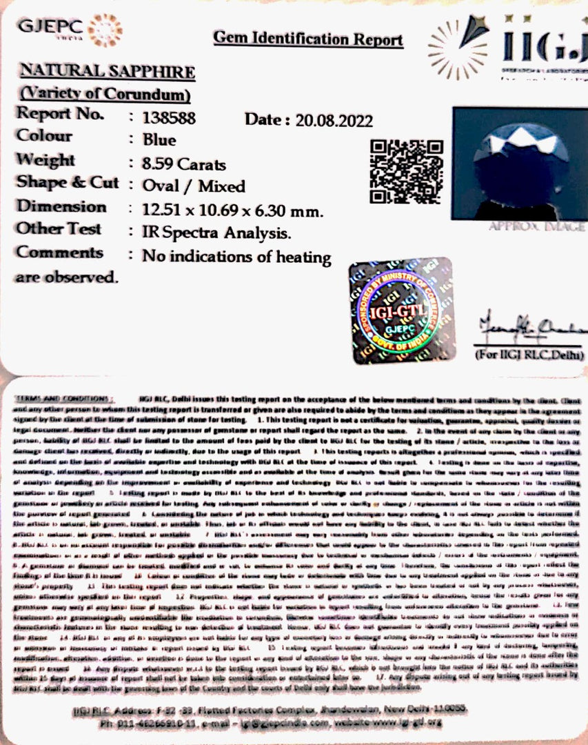 8.59/CT Natural Blue Sapphire with Govt Lab Certificate-(2331)