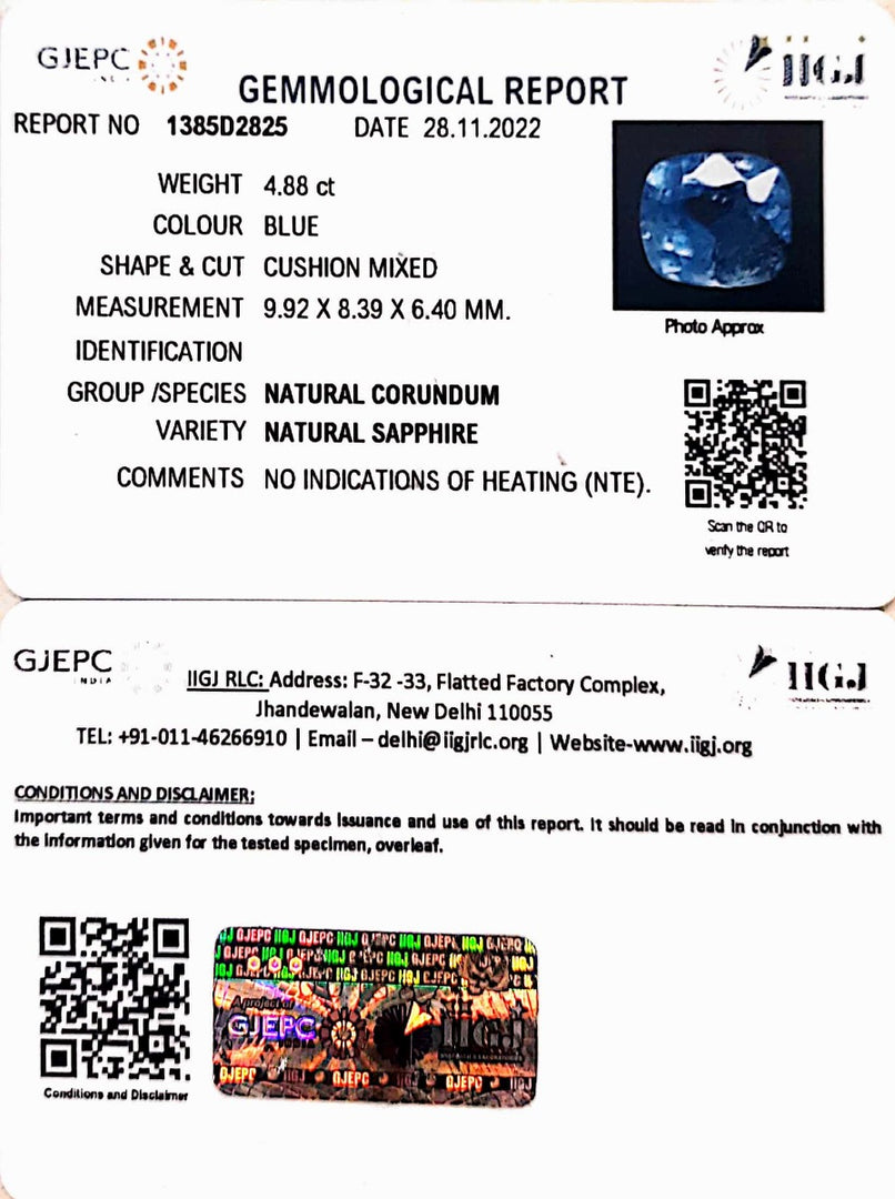 4.88/CT Natural Blue Sapphire with Govt Lab Certificate-BLUSA9U