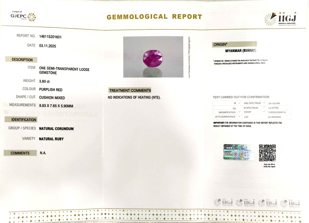 3.80/CT Natural Old Burma Ruby with IIGJ Govt. Lab Certificate (125000)