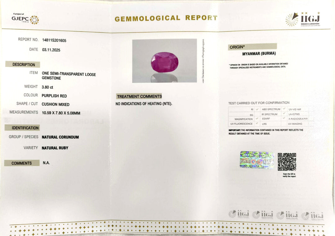 3.80/CT Natural Old Burma Ruby with IIGJ Govt. Lab Certificate (150000)