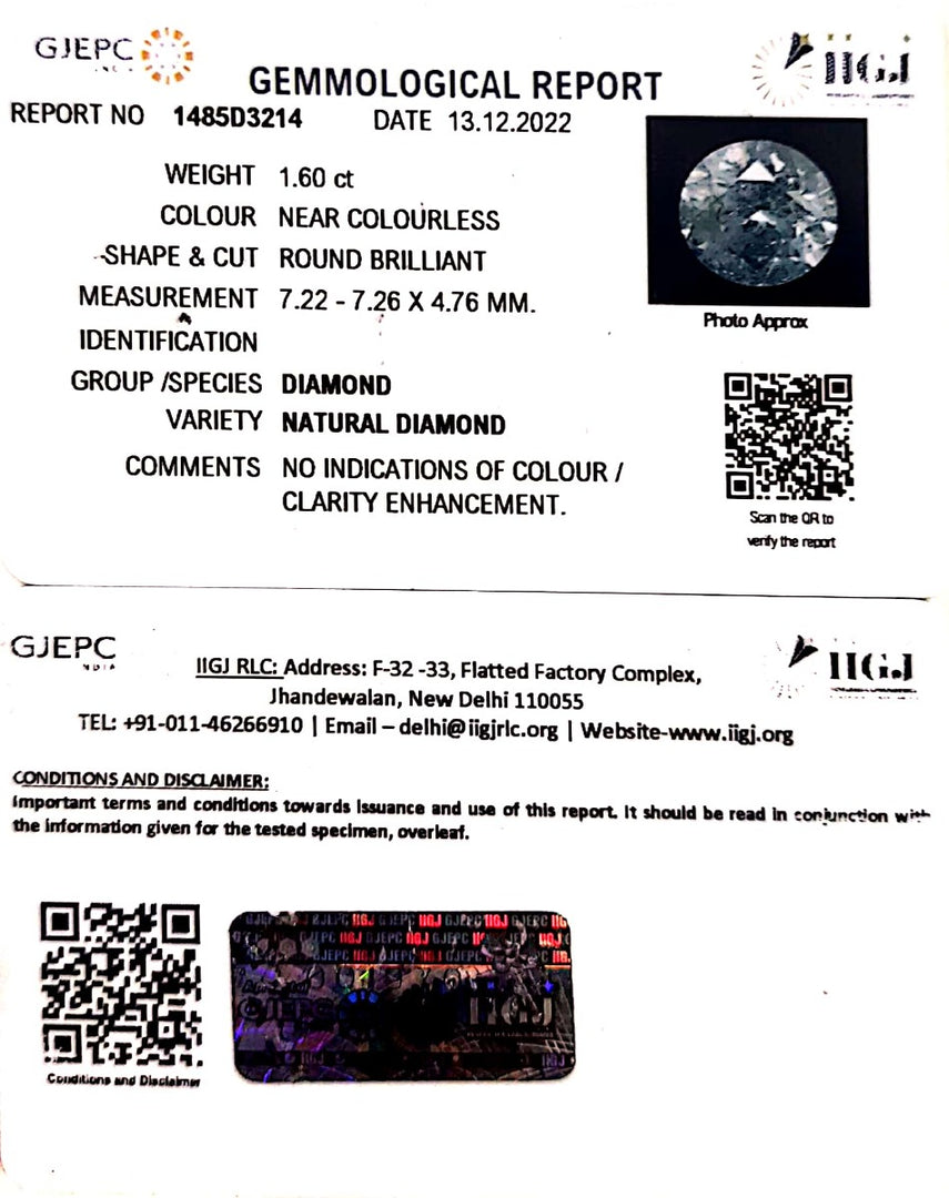 1.60/Cents Natural Diamond With Govt. Lab Certificate (120000)