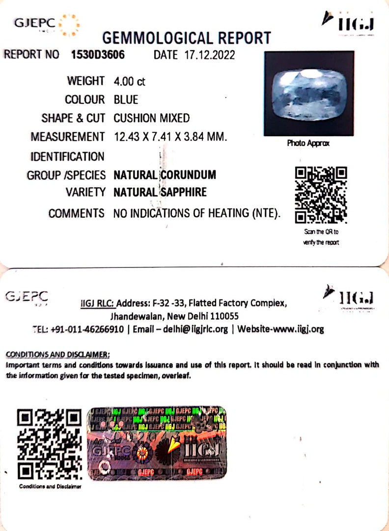 4.00/CT Natural Blue Sapphire with Govt Lab Certificate-BLUSA9T