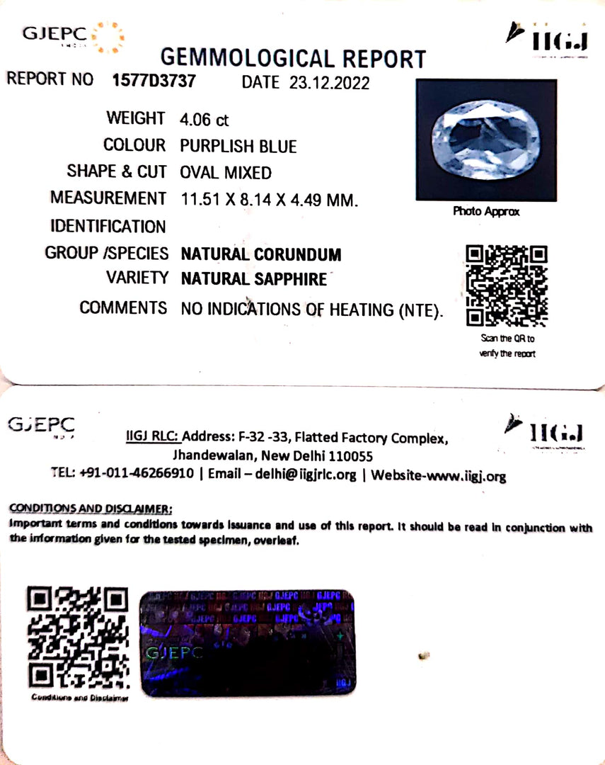 4.06/CT Natural Blue Sapphire with Govt Lab Certificate (23310)