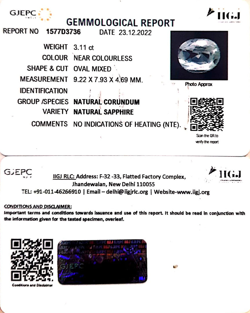 3.11/CT Natural White Sapphire with Govt Lab Certificate (89910)