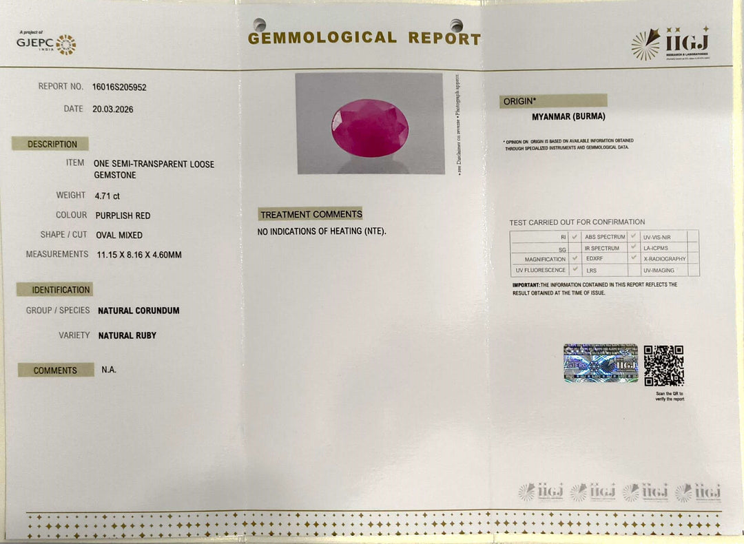 4.71/CT Natural Ruby Stone with Govt. Lab Certificate-16016S205952
