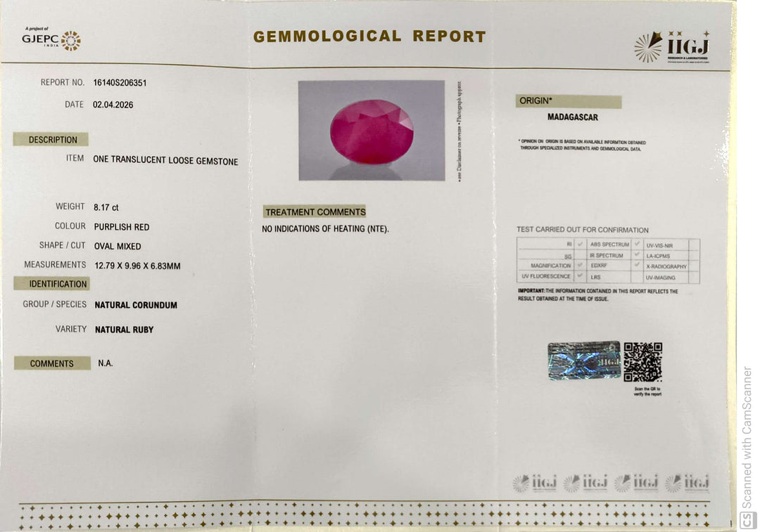 8.17/CT Natural Ruby Stone with Govt. Lab Certificate-16140S206351
