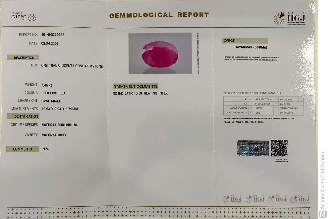 7.46/CT Natural Ruby Stone with Govt. Lab Certificate-16140S206352