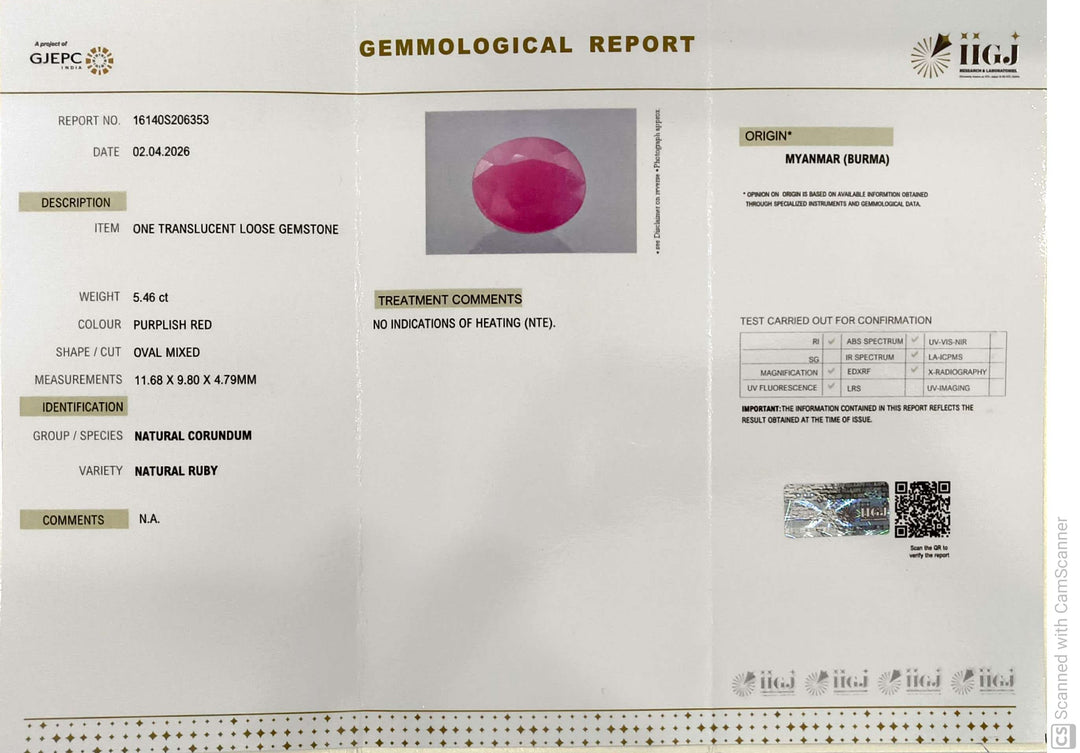 5.46/CT Natural Ruby Stone with Govt. Lab Certificate-16140S206353
