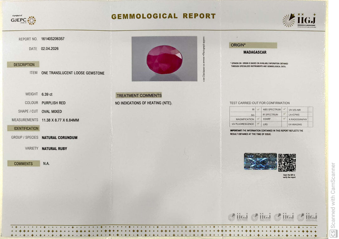 6.39/CT Natural Ruby Stone with Govt. Lab Certificate-16140S206357