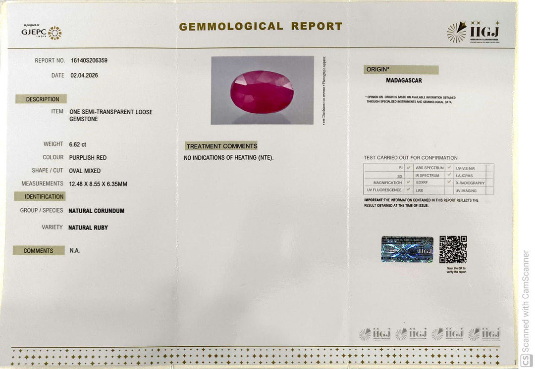 6.62/CT Natural Ruby Stone with Govt. Lab Certificate-16140S206359