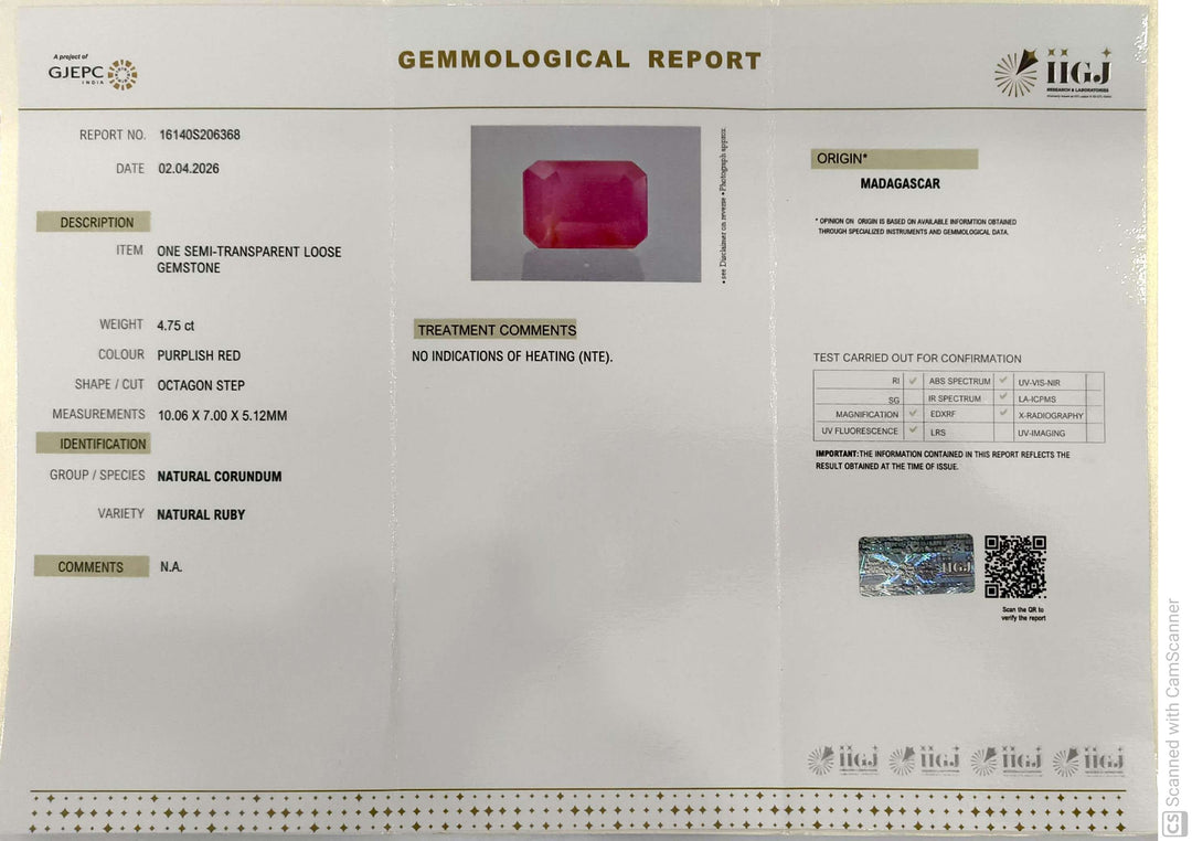 4.75/CT Natural Ruby Stone with Govt. Lab Certificate-16140S206368