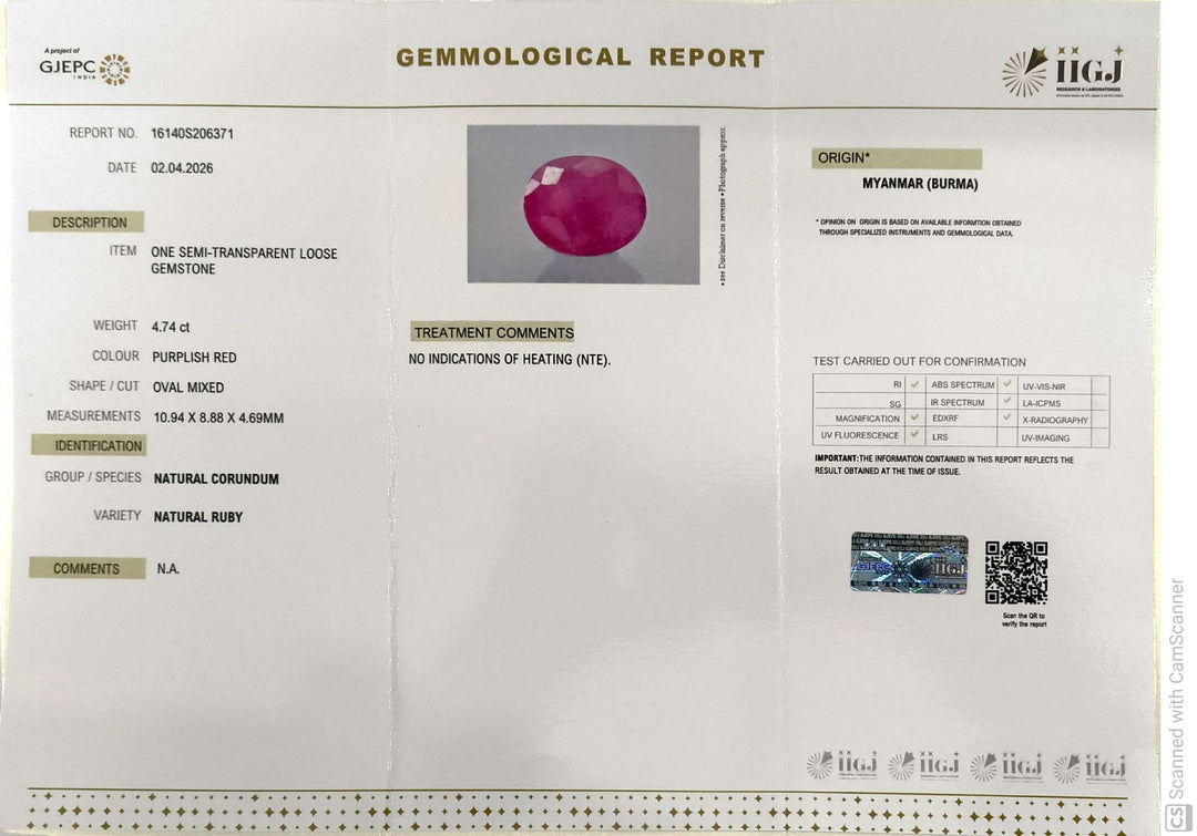 4.74/CT Natural Ruby Stone with Govt. Lab Certificate-16140S206371