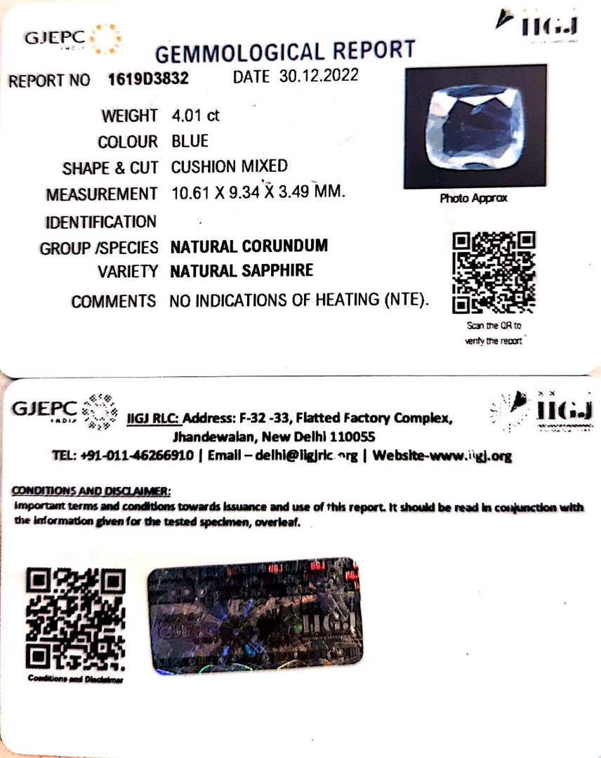 4.01/CT Natural Blue Sapphire with Govt Lab Certificate-BLUSA9U