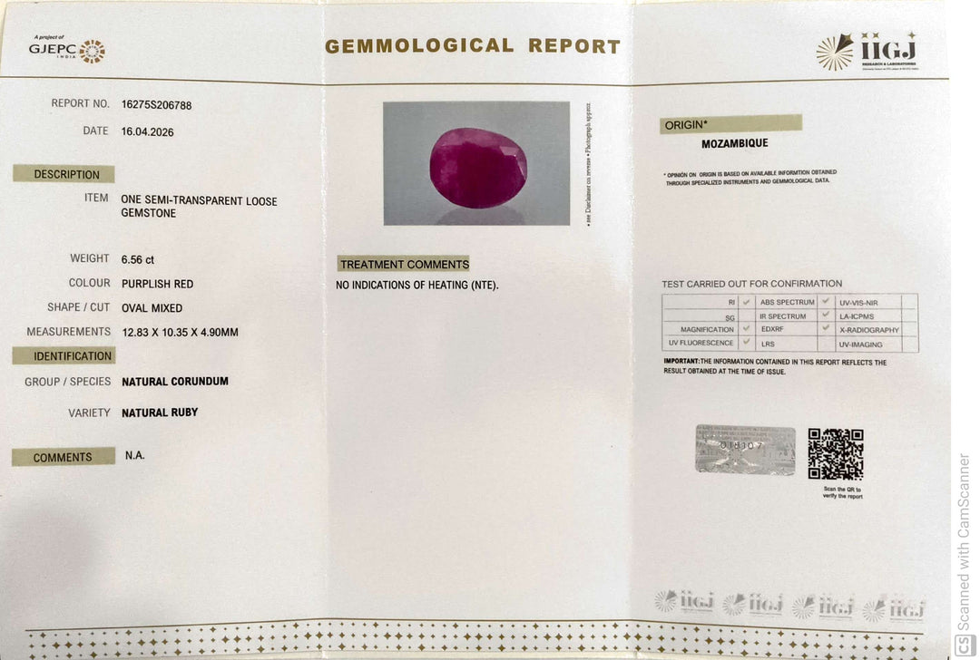 6.56/CT Natural Ruby Stone with Govt. Lab Certificate-16275S206788