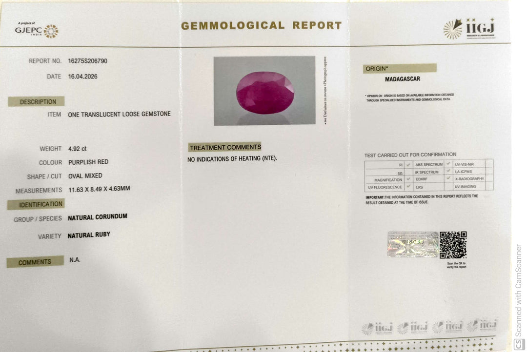 4.92/CT Natural Ruby Stone with Govt. Lab Certificate-16275S206790