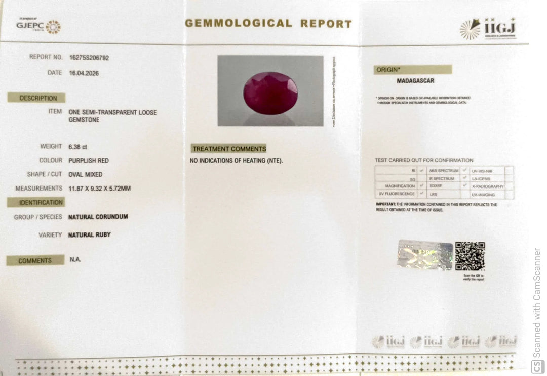 6.38/CT Natural Ruby Stone with Govt. Lab Certificate-16275S206792
