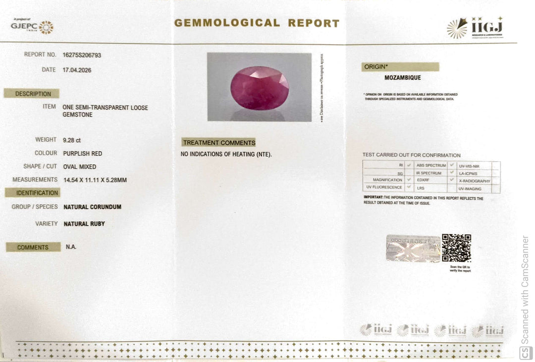 9.28/CT Natural Ruby Stone with Govt. Lab Certificate-16275S206793