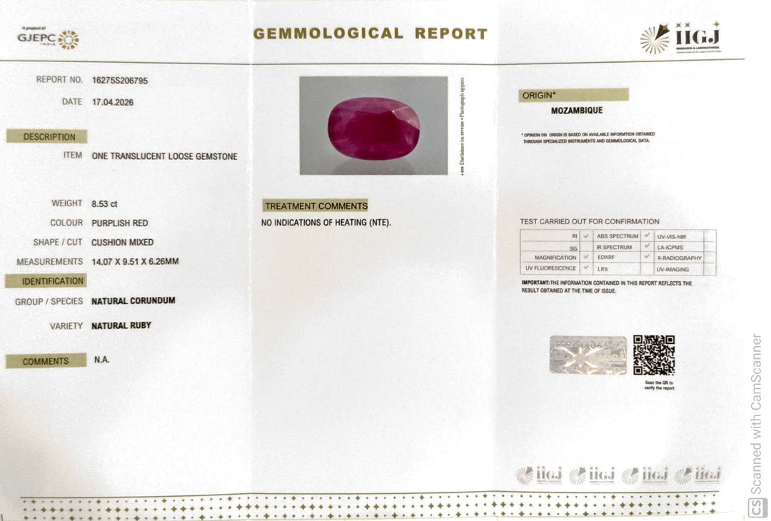 8.53/CT Natural Ruby Stone with Govt. Lab Certificate-16275S206795
